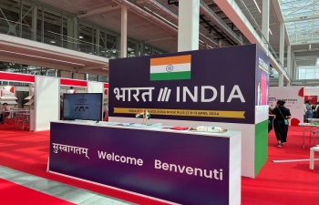 Inauguration of INDIA Stand at Bologna International Book Fair by Embassy Official Subbu Ramesh & Jacks Thomas,Bologna Book Plus. Several Indian  publishers showcased children’s literature & creative contents from India's rich culture & heritage (April 8, 2024)